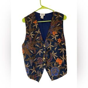 Theo vintage Elegant Blue and Gold Patterned Fabric Beaded Vest size M